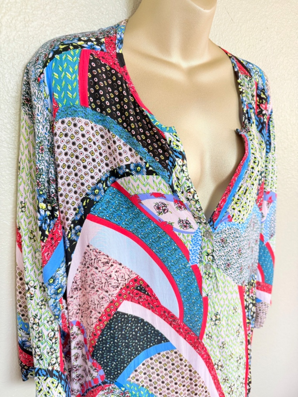 Josie Natori Boho Patchwork Flowy Resortwear V-Neck Kimono Tunic Sz XL - Picture 4 of 17